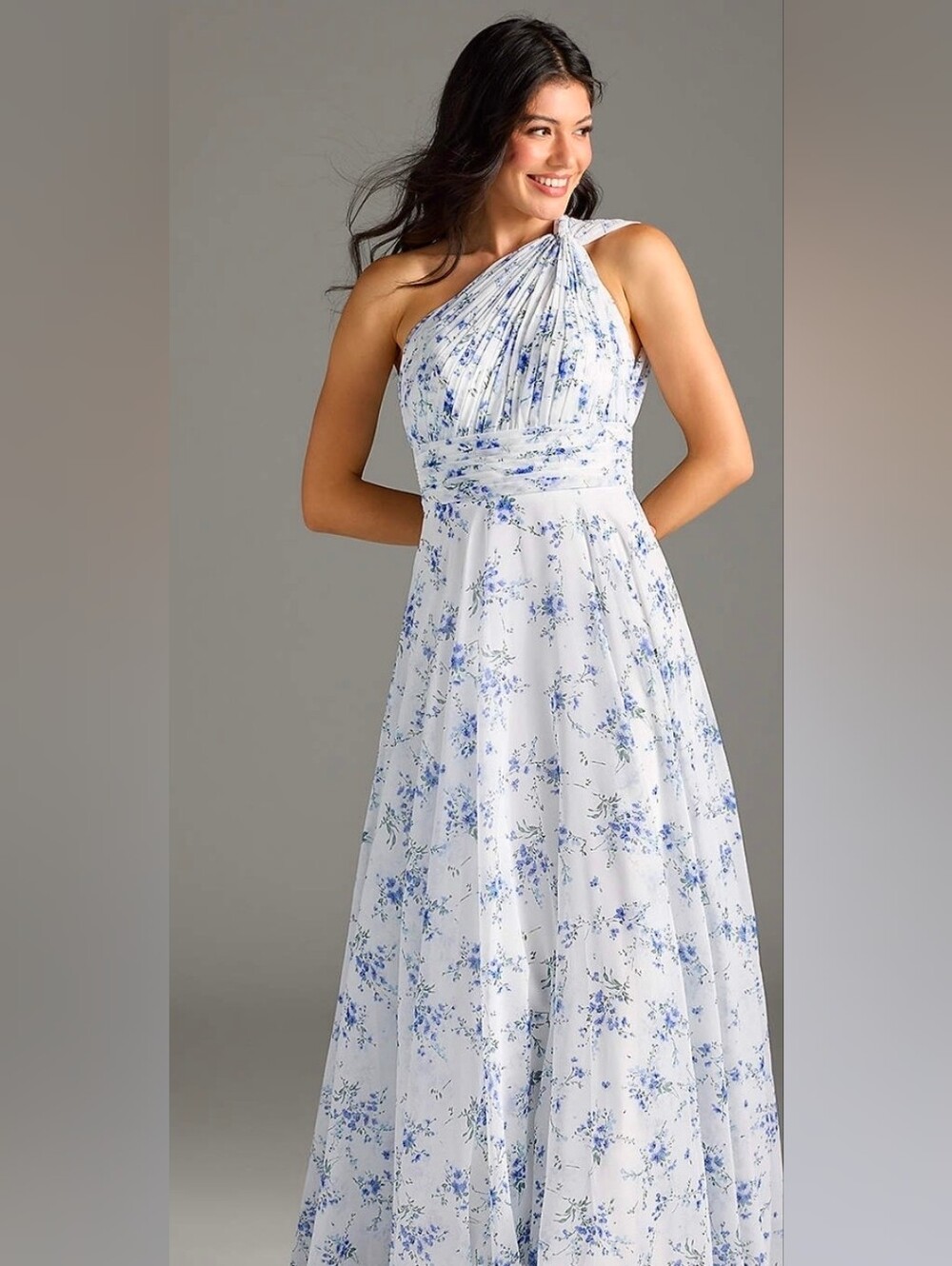 NWT Fashion Blue White Floral One Shoulder A-line Chiffon Maxi Dress